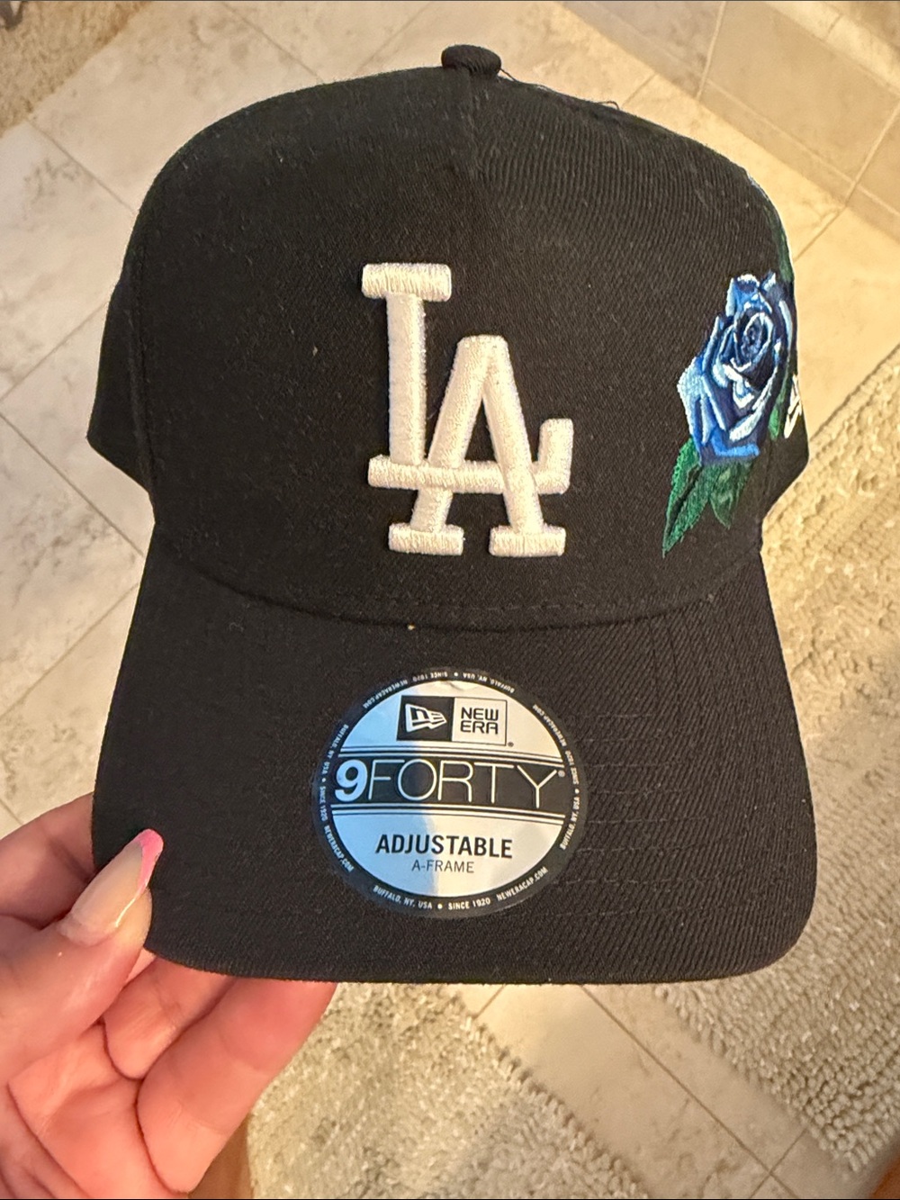 New Era Black LA Dodgers Cap with Blue Rose Embroidery